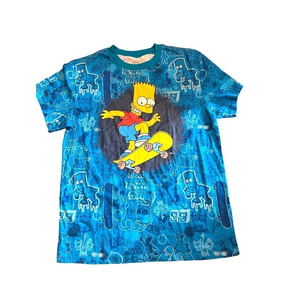 The Simpson's Bart Simpson Skateboarding Blue Graphic Boys T Shirt Size XL‎